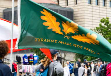 Protester with a Tyranny Shall Not Prevail flag at a No Kings protest.

Despite warnings from the law enforcement not to attend today’s No Kings rally after this mornings shootings of Minnesota lawmakers with the killer on the lose, the No Kings Rally is happening at the Minnesota State Capitol in St. Paul.