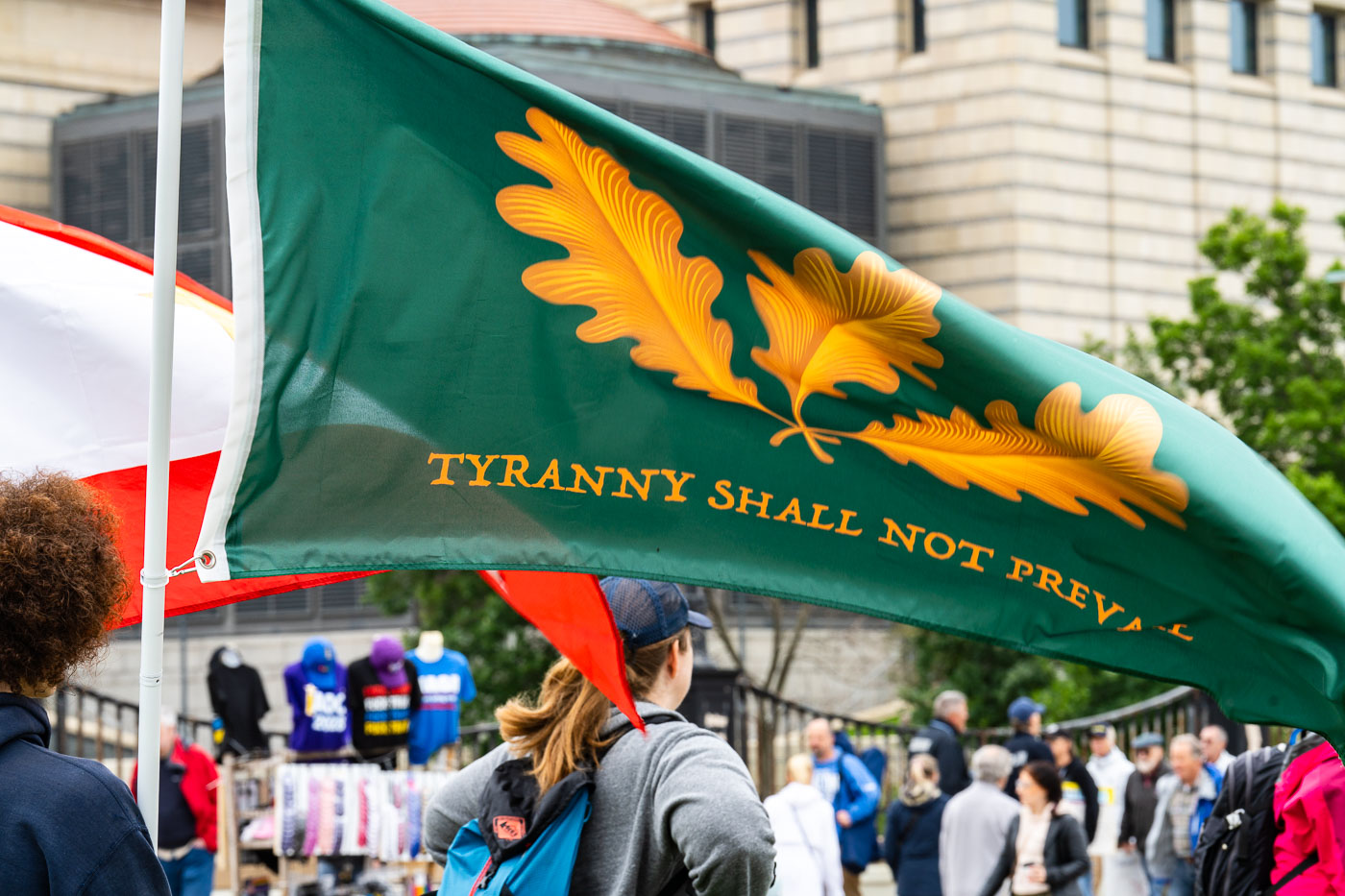 Tyranny Shall Not Prevail Flag at No Kings Protest