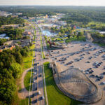 A view down Wisconsin Dells Parkway with Mt. Olympus Water and Theme Park on the right and the Wisconsin Dells Ducks on the left.