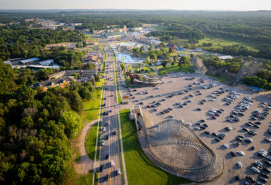 A view down Wisconsin Dells Parkway with Mt. Olympus Water and Theme Park on the right and the Wisconsin Dells Ducks on the left.