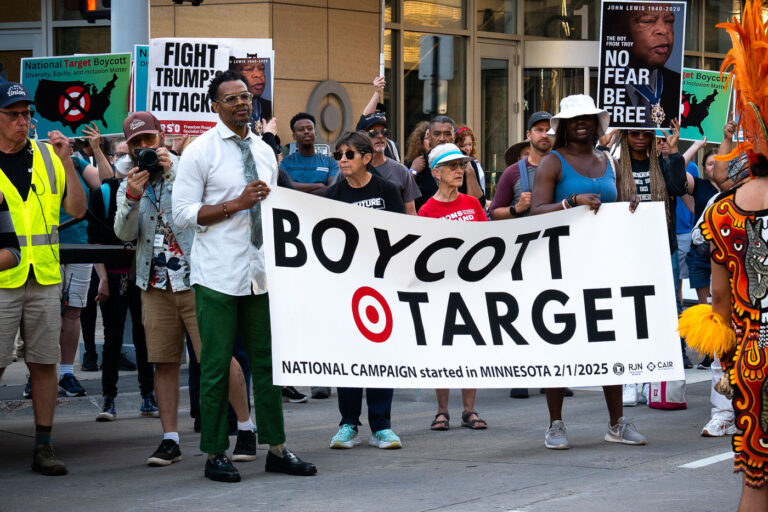 Boycott Target banner in Downtown Minneapolis 3 Protesters in Downtown Minneapolis as part of nationwide “Good trouble lives on” protests.
Organizers say “Good Trouble Lives On is a national day of action to respond to the attacks on our civil and human rights by the Trump administration. Together, we’ll remind them that in America, the power lies with the people.”
After gathering at the Hennepin County Government Center listening to speakers such as Toussaint Morrison, Nekima Levy Armstrong, and Lieutenant Governor Peggy Flanagan they marched through Downtown Minneapolis.