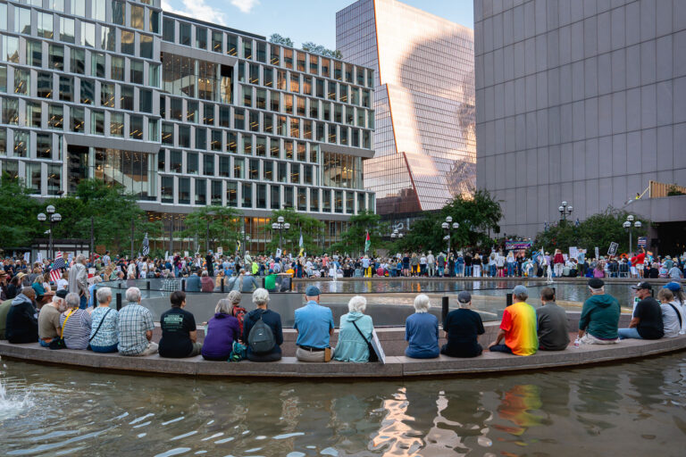 Good Trouble protesters listen to speakers in Minneapolis 2 Protesters in Downtown Minneapolis as part of nationwide “Good trouble lives on” protests.
Organizers say “Good Trouble Lives On is a national day of action to respond to the attacks on our civil and human rights by the Trump administration. Together, we’ll remind them that in America, the power lies with the people.”
After gathering at the Hennepin County Government Center listening to speakers such as Toussaint Morrison, Nekima Levy Armstrong, and Lieutenant Governor Peggy Flanagan they marched through Downtown Minneapolis.
