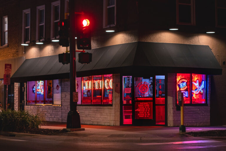 Tattoo shop at night in Minneapolis