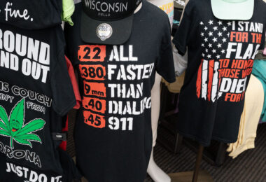 Shirts being sold in Wisconsin Dells in July 2025.