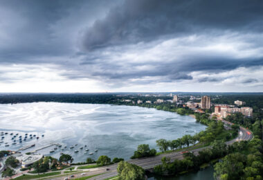 Thunderstorm rolling in over Bde Maka Ska in Minneapolis on July 27, 2025.