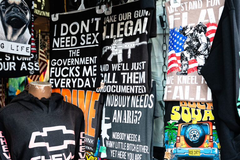 Wisconsin Dells T-Shirt Sales 1 T-shirts for sale in Wisconsin Dells that read:
“I don’t need sex the government fucks me everyday”
“Make our guns illegal and we’ll just call them undocumented”
“We stand for our flag we knee for our fallen”
“nobody needs an ar15? Nobody needs a whiny little bitch either, yet here you are”
