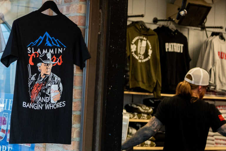 Slammin' Coors 4 T-shirt reading "Slammin' Coors and Bangin' Whores" found at the "Trump Store" in downtown Wisconsin Dells.