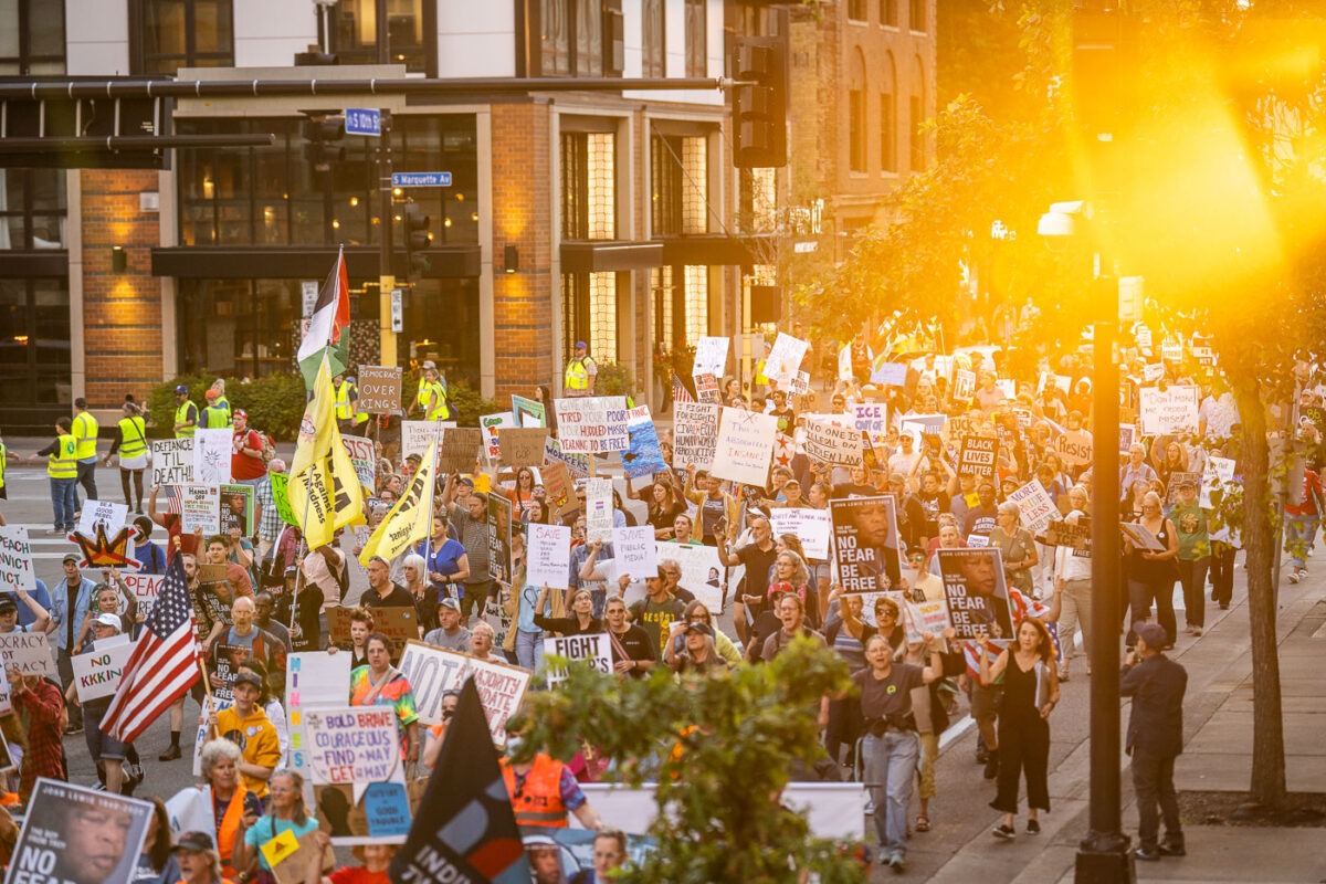 Sunset and Good Trouble Protesters in Downtown Minneapolis