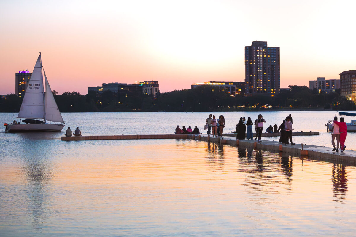 Sunset from outside the Minneapolis Sailing Center on Bde Maka Ska in Minneapolis.