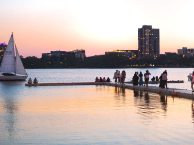 Bde Maka Ska Sunset: Sailboat and People on Dock, Minneapolis