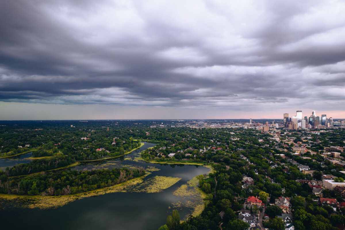 Thunderstorm warning in Minneapolis and Lake of the Isles