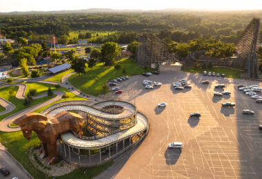 The big wooden horse at Mt. Olympus Water and Theme Park in Wisconsin Dells, Wisconsin.