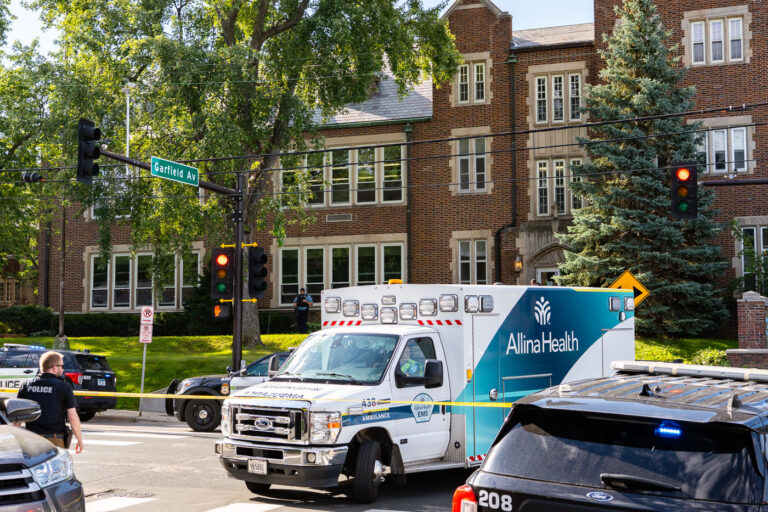 Ambulance and police at Annunciation School Shooting in Minneapo 3 An ambulance at Annunciation Catholic School and church in Minneapolis on August 27, 2025 following a mass shooting that killed 2 children and injured 17 others, 14 of them children.