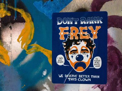 "Don't Rank Frey" Sticker at George Floyd Square