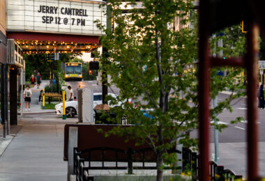 Looking down Hennepin Avenue at the Uptown Theater. The theater has Jerry Cantrell coming up.