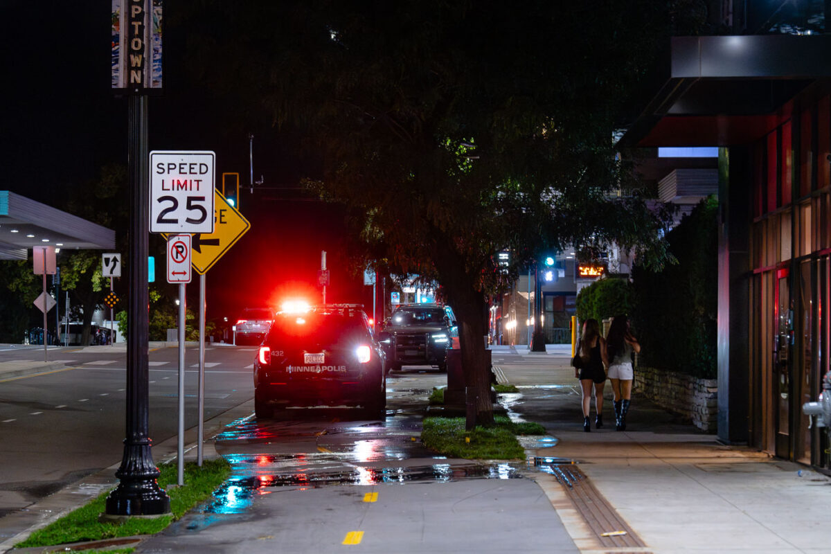Every weekend night around 8pm, Minneapolis police park in the new bike lanes on Hennepin Avenue in Uptown Minneapolis.