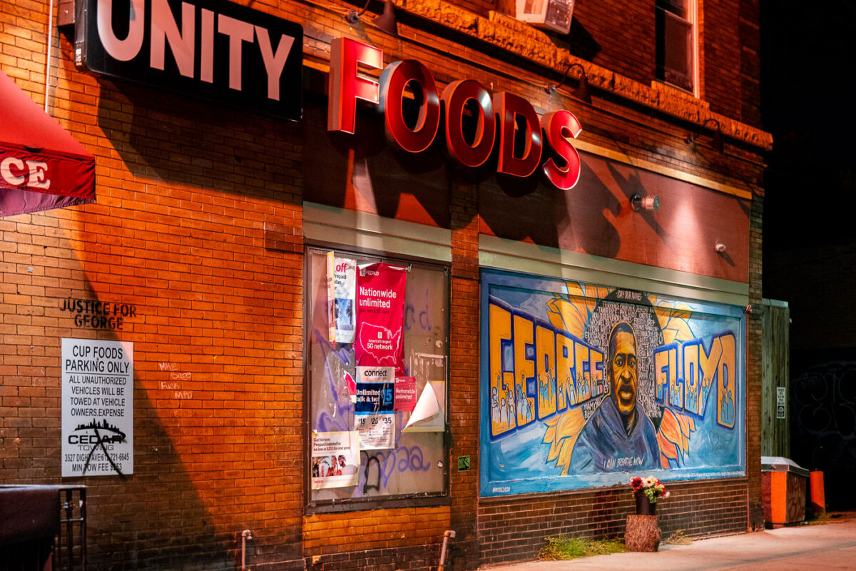 The George Floyd mural on 38th Street in South Minneapolis. The mural is inside George Floyd Square, which has been a place of protest since the May 2020 murder of George Floyd.