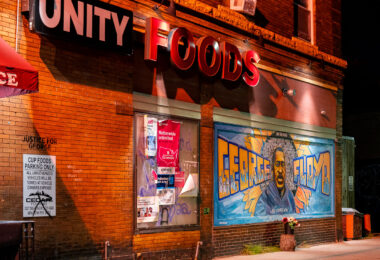 The George Floyd mural on 38th Street in South Minneapolis. The mural is inside George Floyd Square, which has been a place of protest since the May 2020 murder of George Floyd.