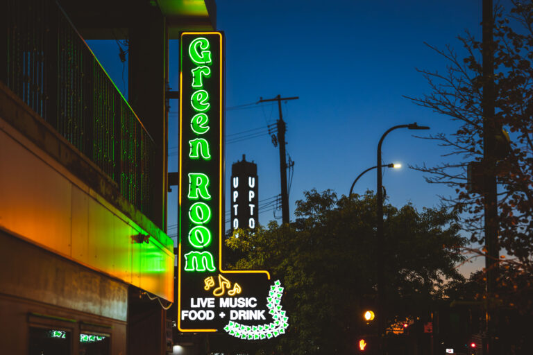 Green Room during blue hour in Minneapolis 3 Green Room neon sign in Minneapolis