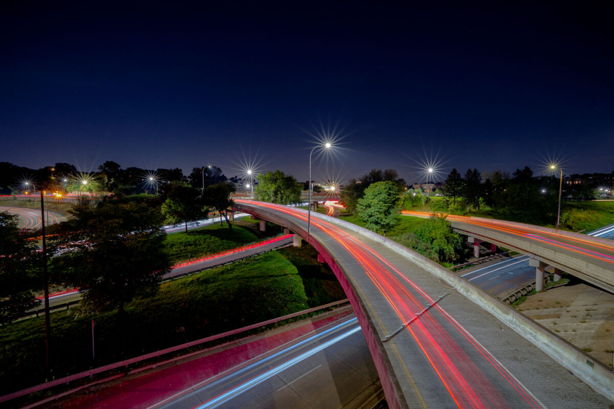 The car light trails bp7 Interstate 94, Hennepin Avenue, and Lyndale Avenue in South Minneapolis. As seen from the Hennepin Ave flyover exit off Interstate 94.