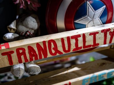 "Tranquility" Painted on a Wooden Shelf at George Floyd Square