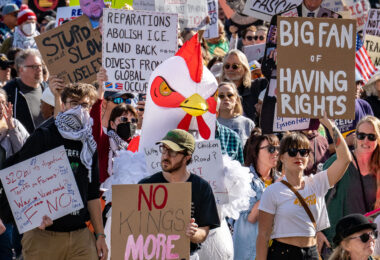 Thousands protest in Downtown Minneapolis on Saturday October 18, 2025 as part of nationwide “No Kings!” protest.