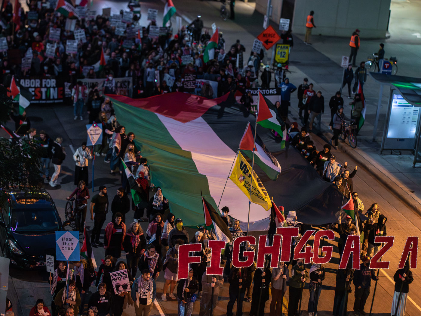 Big Palestine flag with Fight 4 Gaza in Minneapolis