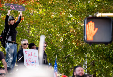 FUCK ICE skateboard at No Kings Minneapolis.

Thousands protest in Downtown Minneapolis on Saturday October 18, 2025 as part of nationwide “No Kings!” protest. Organizers say 100,000 attended.