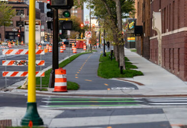New bike lanes on Hennepin Avenue. The road had been closed for complete reconstruction.