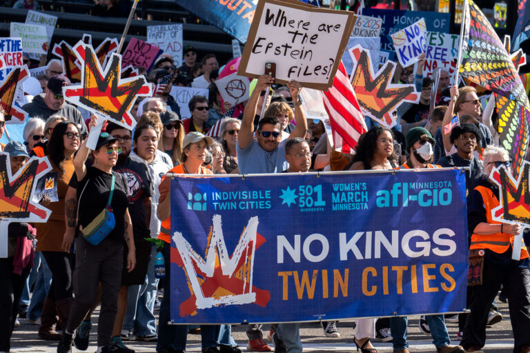 Keith Ellison marches at No Kings Minneapolis 3 Minnesota Attorney General Keith Ellison holding the banner and marching at No Kings in Downtown Minneapolis.
Thousands protest in Downtown Minneapolis on Saturday October 18, 2025 as part of nationwide “No Kings!” protest.