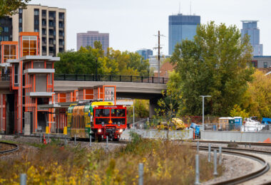 Light rail vehicle leaves the West Lake Street Station for the first time.

This morning Metro Transit towed a light rail vehicle through the line for the first time doing basic clearance testing. Construction on the green line extension began in 2018 and is set to open to passengers in 2027.