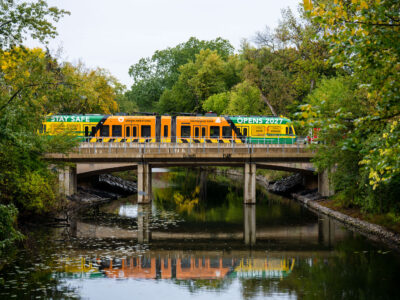 Southwest LRT train testing on Kenilworth Channel bridge, Minneapolis
