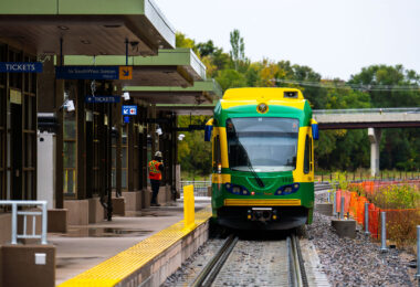 Metro Transit light rail vehicle at the W 21st Street Station in Minneapolis for the very first time.

This morning Metro Transit towed a light rail vehicle through the line for the first time doing basic clearance testing. Construction on the green line extension began in 2018 and is set to open to passengers in 2027.