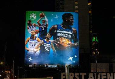 A Minnesota Timberwolves billboard above First Avenue concert hall in Downtown Minneapolis.