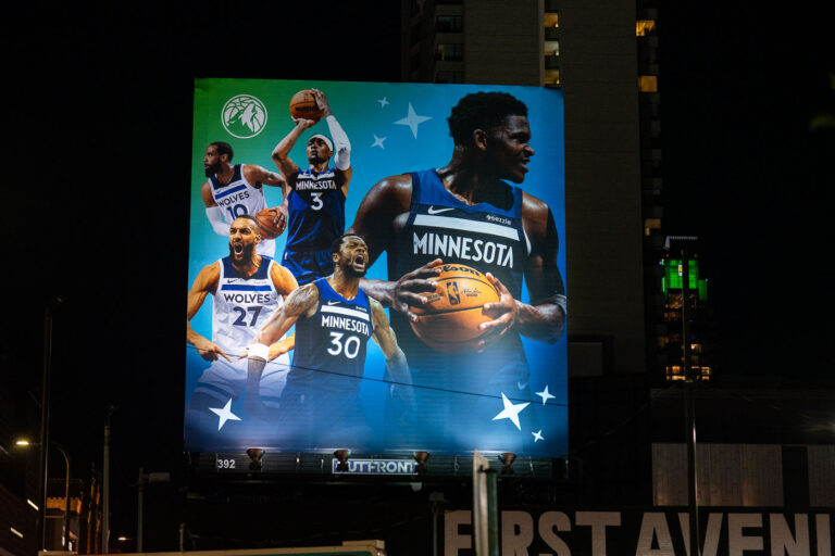 Minnesota Timberwolves Anthony Edwards Billboard 4 A Minnesota Timberwolves billboard above First Avenue concert hall in Downtown Minneapolis.