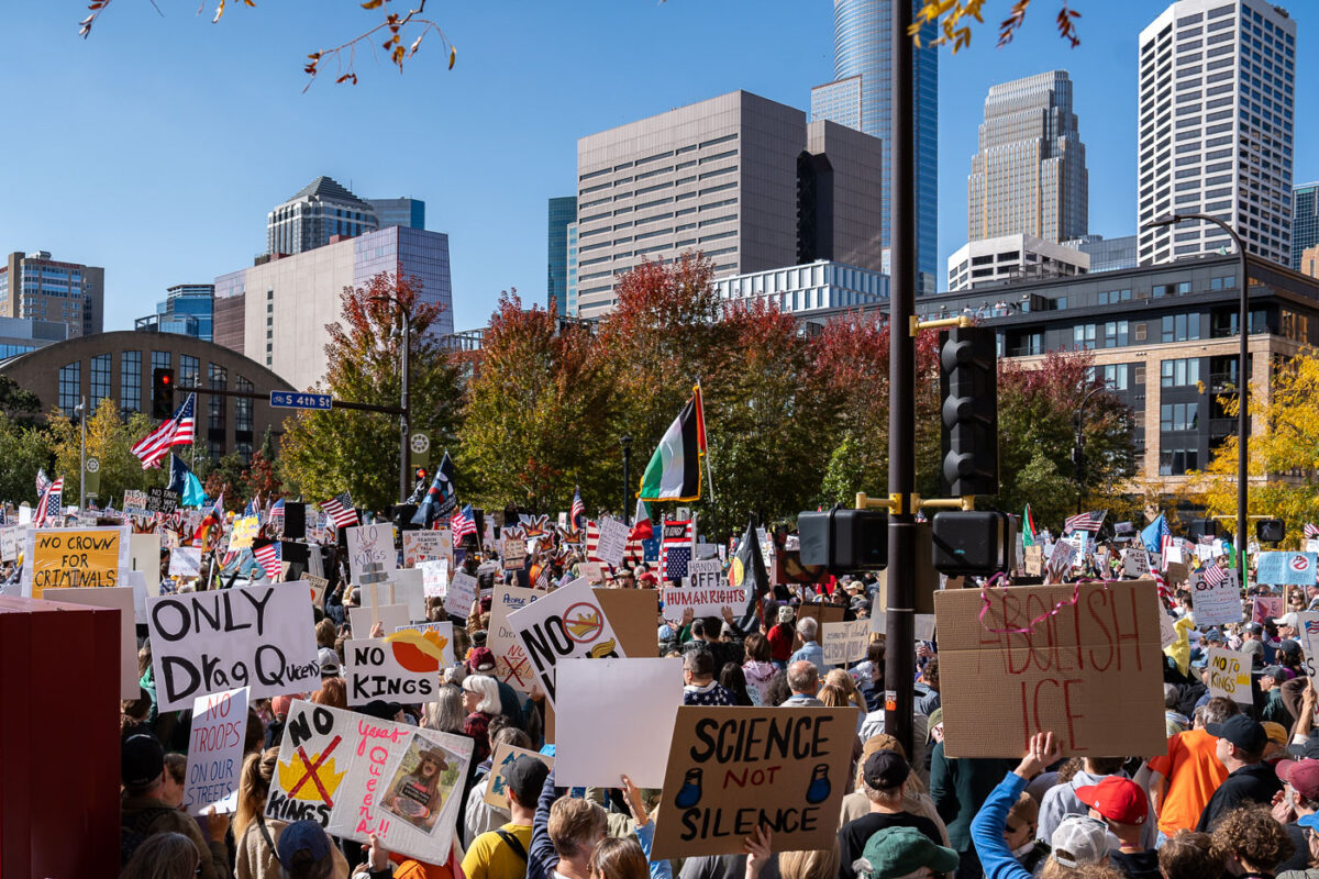 No Kings protest signs in Downtown Minneapolis