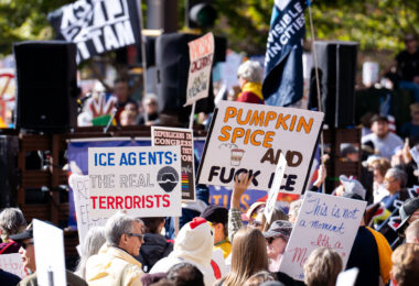 Protest signs in Minneapolis that read "Pumpkin Spice and Fuck Ice"
"Ice Agents: The Real Terrorists".

Thousands protest in Downtown Minneapolis on Saturday October 18, 2025 as part of nationwide “No Kings!” protest. Organizers say 100,000 attended.
