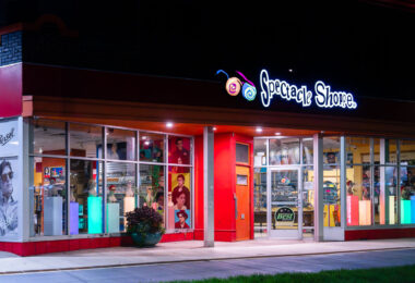 The Spectacle Shoppe on Hennepin Avenue in Uptown Minneapolis with new grass and bike lane installed. The multi year project to rebuild Hennepin Avenue comes to an end next month.