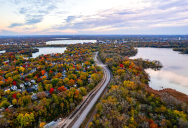 The new rails of the Metro Transit Southwest LRT green line extension. Lake of the Isles, Bde Maka Ska and Cedar Lake.