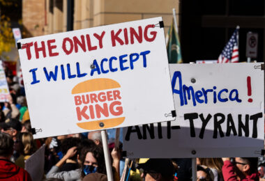 Protest sign that reads "The Only King I Will Accept Is Burger King".

Thousands protesst in Downtown Minneapolis on Saturday October 18, 2025 as part of nationwide “No Kings!” protest.