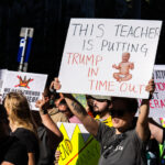 "This teacher is putting trump in a time out" protest sign.Thousands protest in Downtown Minneapolis on Saturday October 18, 2025 as part of nationwide “No Kings!” protest.