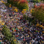 A look down 4th Street at Portland Avenue where protesters have filled the streets.Thousands protesst in Downtown Minneapolis on Saturday October 18, 2025 as part of nationwide “No Kings!” protest.