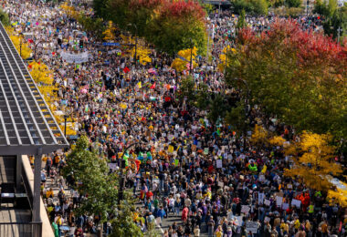A look down 4th Street at Portland Avenue where protesters have filled the streets.

Thousands protesst in Downtown Minneapolis on Saturday October 18, 2025 as part of nationwide “No Kings!” protest.