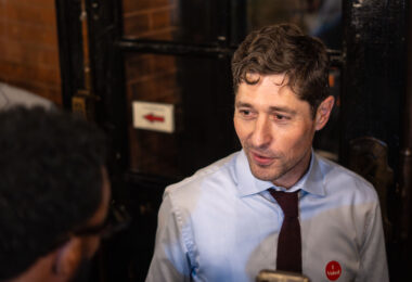 Minneapolis Mayor Jacob Frey speaks with reporters after polls closed on Election Night 2025. The event took place in downtown Minneapolis as results began to come in for the city’s municipal races.