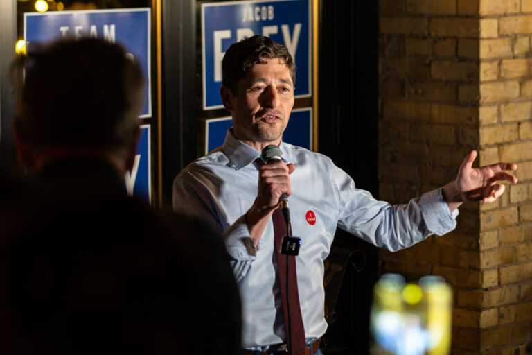 Jacob Frey Addresses Supporters on Election Night 2025 3 Minneapolis Mayor Jacob Frey speaks to supporters during his 2025 election night gathering, held at a downtown venue adorned with campaign posters. Frey, seeking reelection in the aftermath of years of national attention on Minneapolis politics, reflected on civic challenges and vowed continued focus on rebuilding trust and progress following the city’s social and economic transformation since 2020.