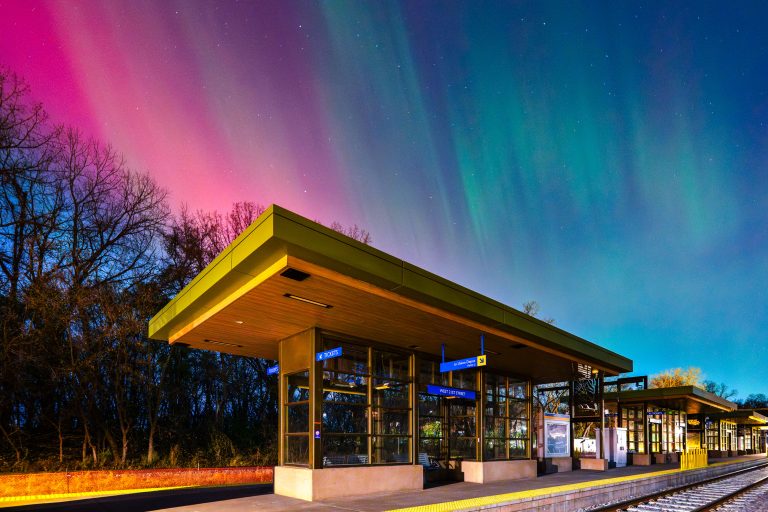 Northern Lights over West 21st Train Station, Minneapolis 4 Aurora borealis over West 21st Street station in Minneapolis at night.