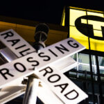 Lit up Bassett Creek Valley Station in Minneapolis. The new train station is part of the Southwest LRT Green Line extension operated by Metro Transit.