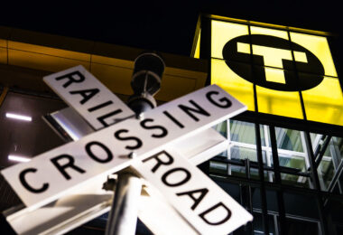 Lit up Bassett Creek Valley Station in Minneapolis. The new train station is part of the Southwest LRT Green Line extension operated by Metro Transit.