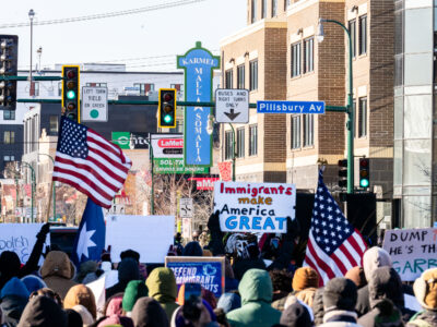 Protest at Karmel Mall, Minneapolis: "Immigrants Make America Great"