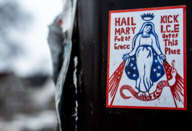Protest sticker on a street pole in South Minneapolis. It reads "Hail Mary Full of Grace Kick I.C.E. Out Of This Place".

This at a time when Federal agents are in Minneapolis performing what they call immigration arrests.